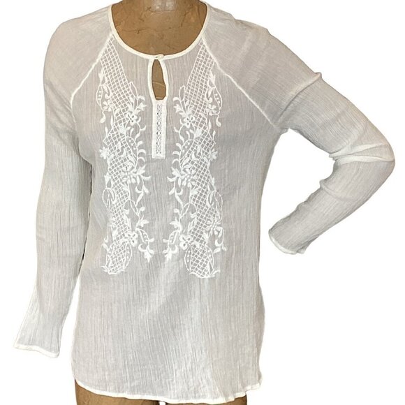Chico's Cotton Gauze Embroidered BOHO Peasant White Noise Top Sz 1 (M/8) #283B - Picture 1 of 9